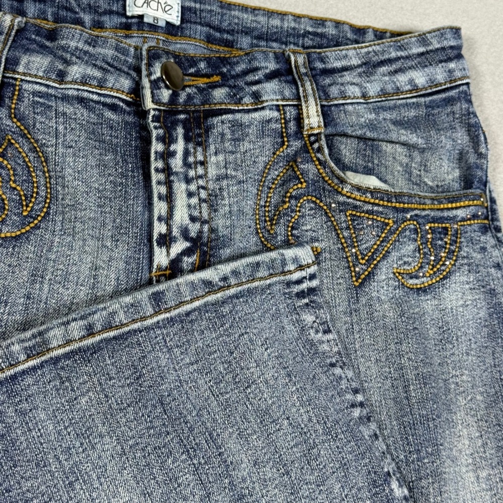 Cache Womens Blue Embroidered Studded Flare Jeans Medium Wash Y2K Denim Pant